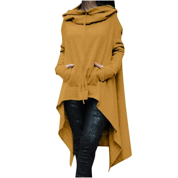 Womens Retro Long Hoodie Asymmetrical High Low Hem Full Sleeve Cowl Hooded Neck Drawstring Loose Sweatshirt Outwear (X-Large, Yellow)