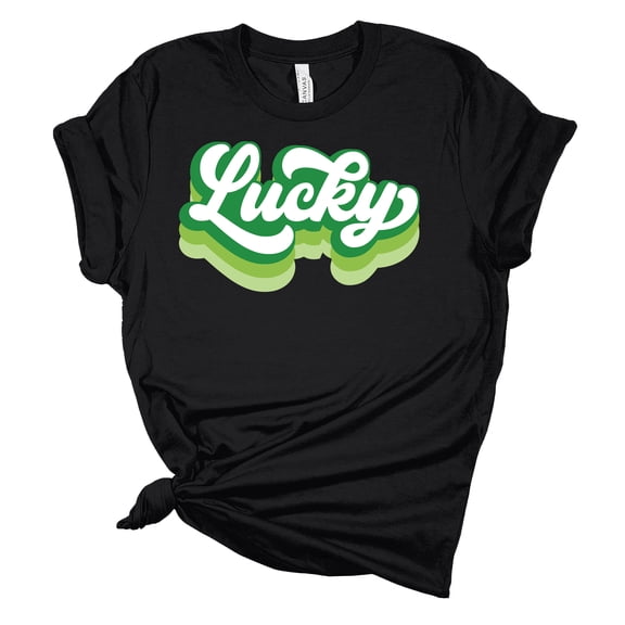 Womens Retro Lucky Shamrock Clover Green St. Patricks Day Unisex Fit Short Sleeve T-shirt Graphic Tee-Black-large