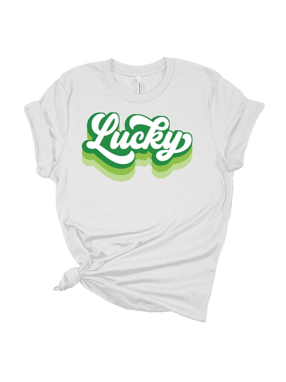 Womens Retro Lucky Shamrock Clover Green St. Patricks Day Unisex Fit Short Sleeve T-shirt Graphic Tee-White-large