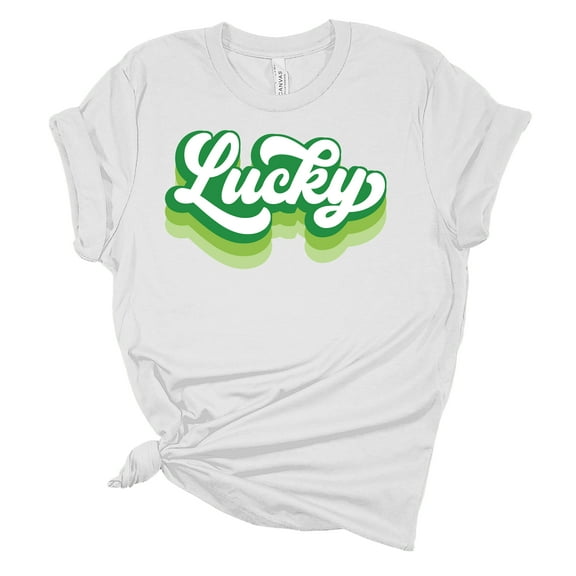 Womens Retro Lucky Shamrock Clover Green St. Patricks Day Unisex Fit Short Sleeve T-shirt Graphic Tee-White-large