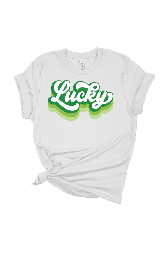 Womens Retro Lucky Shamrock Clover Green St. Patricks Day Unisex Fit Short Sleeve T-shirt Graphic Tee-White-large