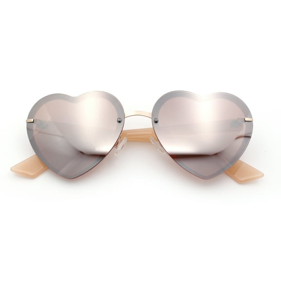 Womens Retro Luxe Hippie Rimless Heart Shape Metal Rim Sunglasses Gold Peach - Peach Mirror