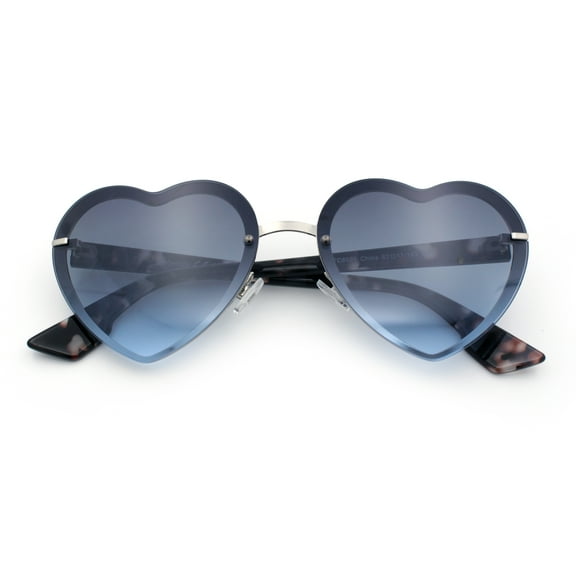 Womens Retro Luxe Hippie Rimless Heart Shape Metal Rim Sunglasses Silver Slate Tort - Blue