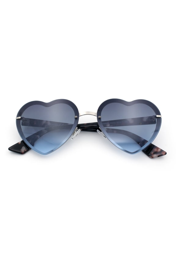 Womens Retro Luxe Hippie Rimless Heart Shape Metal Rim Sunglasses Silver Slate Tort - Blue