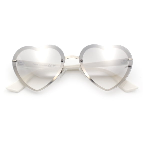 Womens Retro Luxe Hippie Rimless Heart Shape Metal Rim Sunglasses Silver White - Silver Mirror