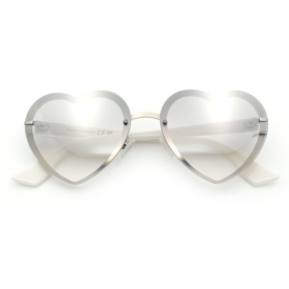 Womens Retro Luxe Hippie Rimless Heart Shape Metal Rim Sunglasses Silver White - Silver Mirror