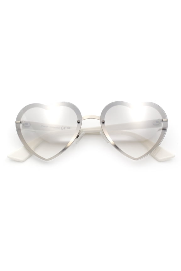 Womens Retro Luxe Hippie Rimless Heart Shape Metal Rim Sunglasses Silver White - Silver Mirror