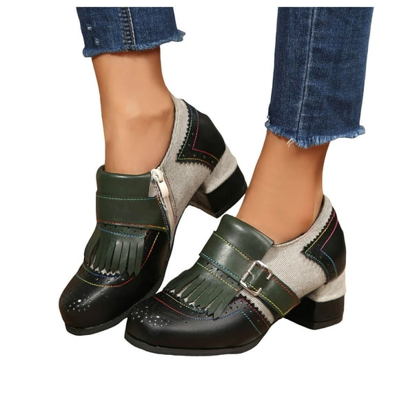 Womens Retro Mary Janes Dress Shoes Fringe Buckle Leather Patchwork Color Blocking Oxfords Ankle Boots Black Size 7.5