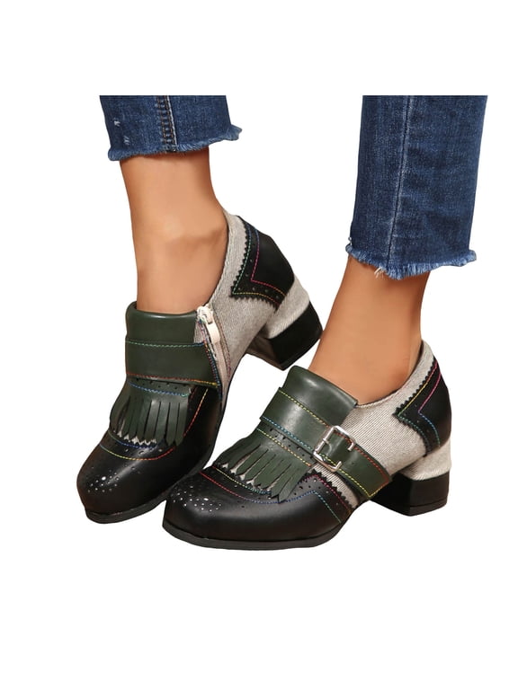 Womens Retro Mary Janes Dress Shoes Fringe Buckle Leather Patchwork Color Blocking Oxfords Ankle Boots Black Size 9.5