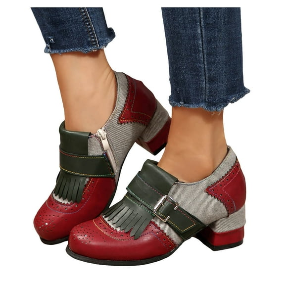 Womens Retro Mary Janes Dress Shoes Fringe Buckle Leather Patchwork Color Blocking Oxfords Ankle Boots Red Size 6.5