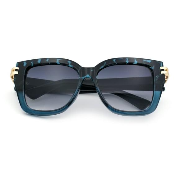 Womens Retro Metal Hinge Thick Horn Rim Rectangular Fashion Sunglasses Blue Tortoise - Smoke