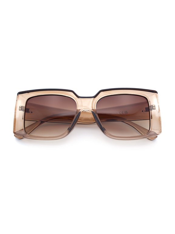 Womens Retro Mod Rectangle Thick Plastic Luxury Minimalist Plastic Sunglasses Beige - Brown