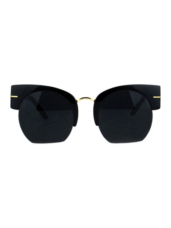 Womens Retro Mod Thick Plastic Half Horn Rim Crop Bottom Sunglasses All Black