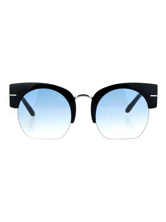 Womens Retro Mod Thick Plastic Half Horn Rim Crop Bottom Sunglasses Black Blue