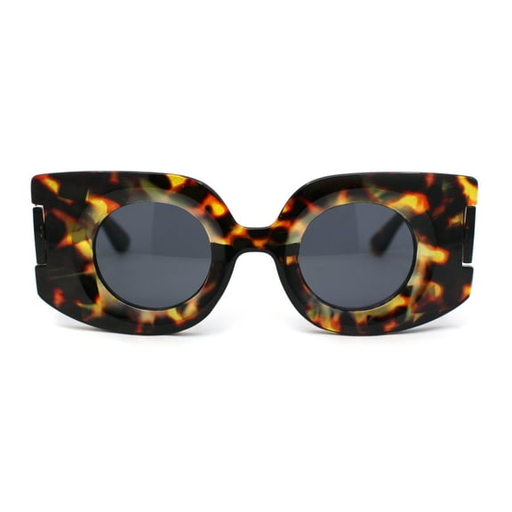 Womens Retro Mod Thick Plastic Rectangle Round Lens Sunglasses Tortoise - Black