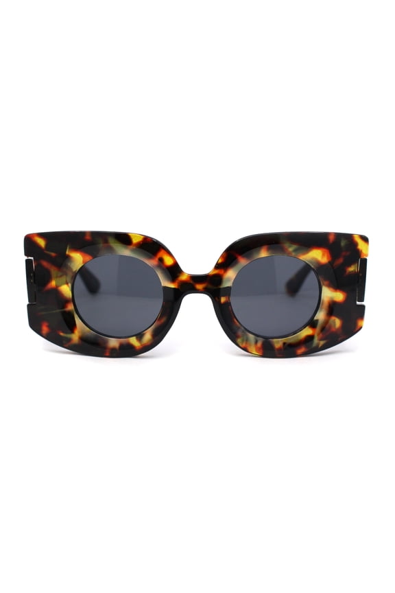 Womens Retro Mod Thick Plastic Rectangle Round Lens Sunglasses Tortoise - Black