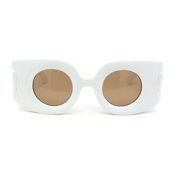 Womens Retro Mod Thick Plastic Rectangle Round Lens Sunglasses White - Brown