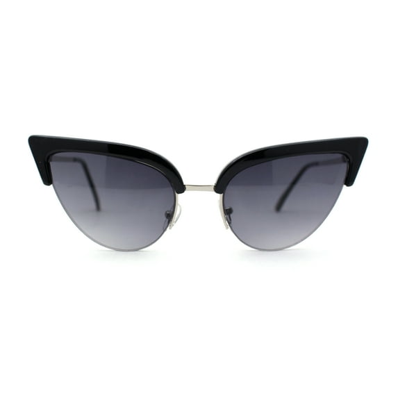 Womens Retro Normcore Half Rim Cat Eye Sunglasses Silver Black - Smoke
