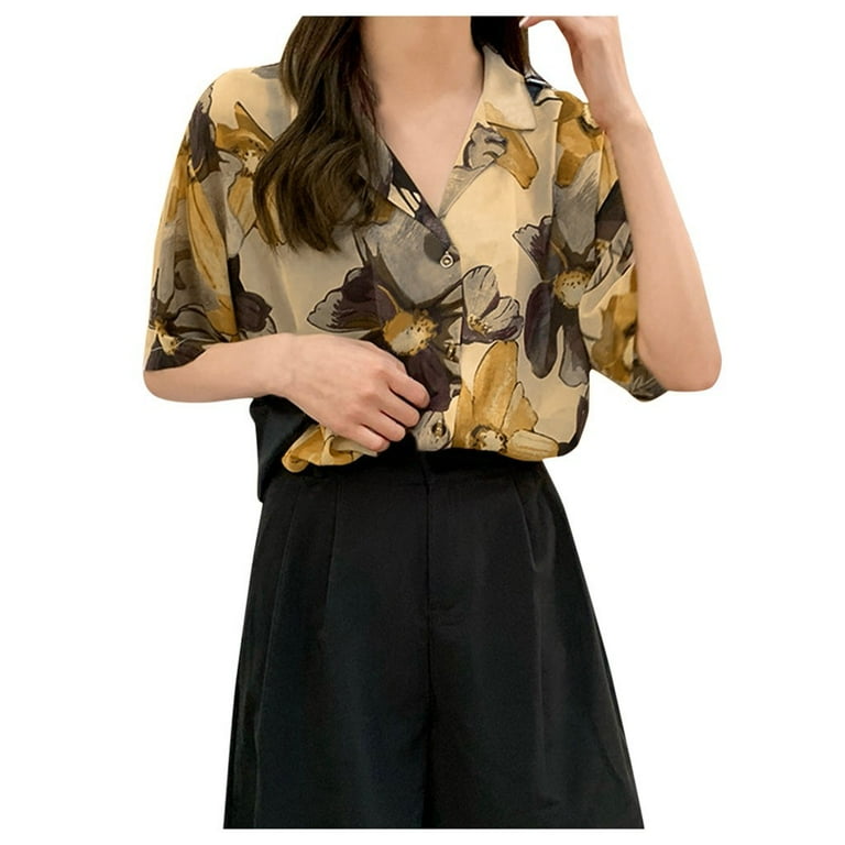 Womens Retro Oil Painting Big flower Short Sleeve Blouse Shirt