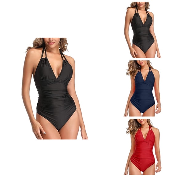Womens Retro One Piece Swimsuit with Tummy Control, Ruched Vintage Bathing Suit for Long Torso & Curvy Figures, Halter Neck