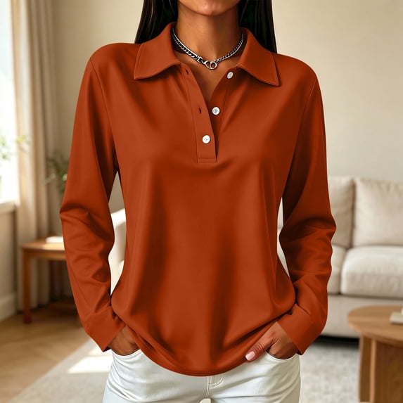 Womens Retro Polo Shirts Long Sleeve Button Placket Lightweight Collared Golf Dressy Office Blouses Ginger S