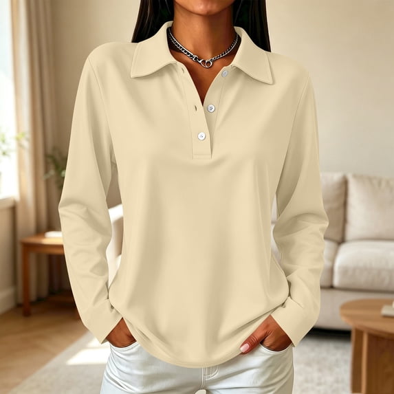 Womens Retro Polo Shirts Long Sleeve Button Placket Lightweight Collared Golf Dressy Office Blouses Khaki S