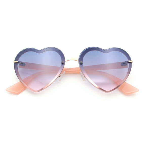 Womens Retro Rimless Heart Shape Metal Rim Sunglasses Gold Pink - Blue Pink