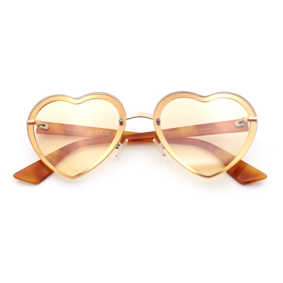 Womens Retro Rimless Heart Shape Metal Rim Sunglasses Gold Tortoise - Beige