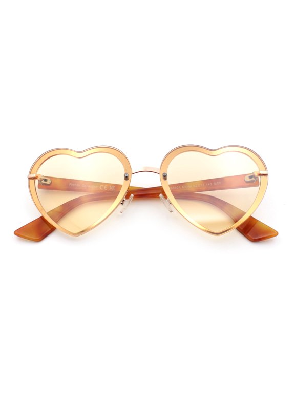 Womens Retro Rimless Heart Shape Metal Rim Sunglasses Gold Tortoise - Beige