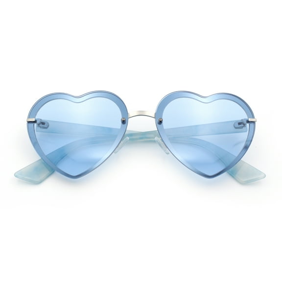 Womens Retro Rimless Heart Shape Metal Rim Sunglasses Silver Blue - Blue