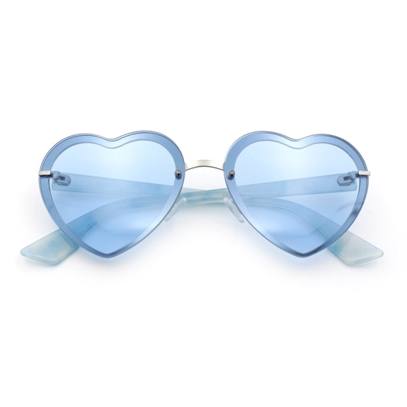 Womens Retro Rimless Heart Shape Metal Rim Sunglasses Silver Blue - Blue