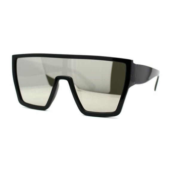 Womens Retro Square Flat Top Plastic Shield Diva Sunglasses Black Silver Mirror