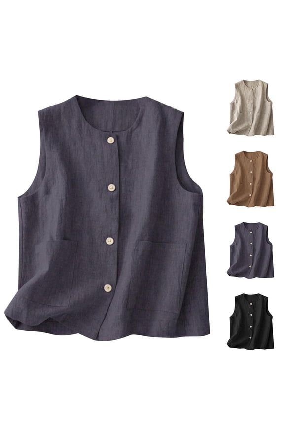 Womens Retro Style Vest Cotton Linen Blend Solid Color Versatile Spring Summer Layer
