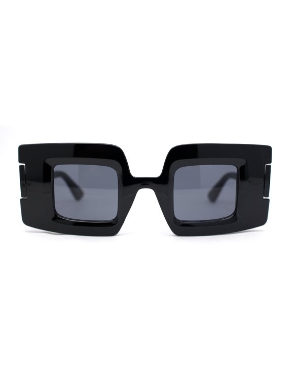 Womens Retro Thick Plastic Mod Rectangle Fashion Sunglasses All Black