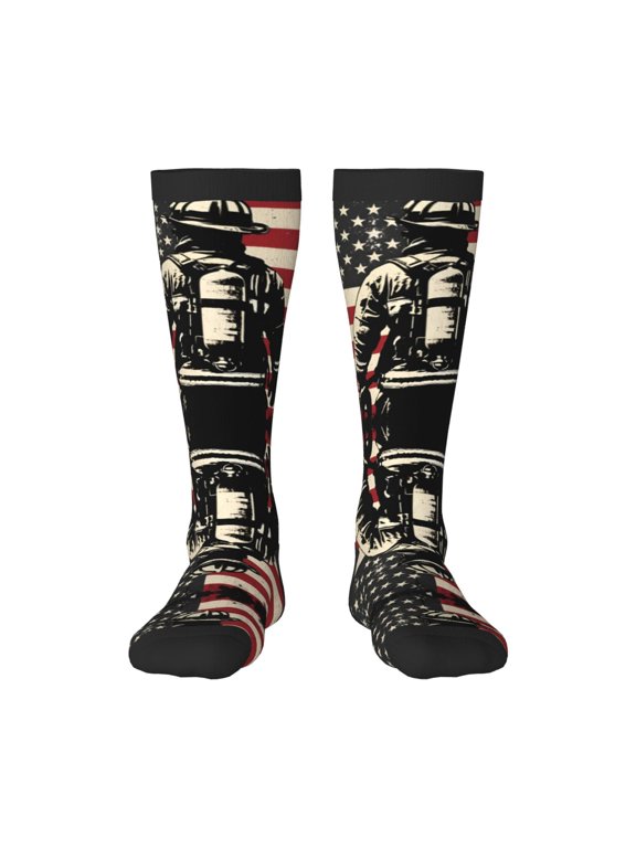 Womens Retro Thin Red Firefighter Line Flag Knee High Socks Comfy Thermal Boot Long Socks