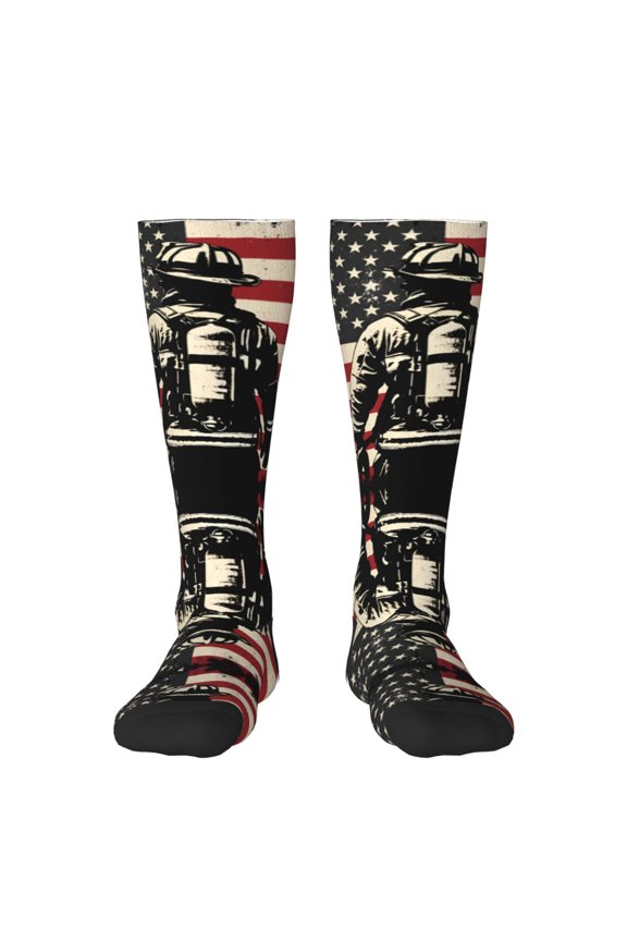 Womens Retro Thin Red Firefighter Line Flag Knee High Socks Comfy Thermal Boot Long Socks