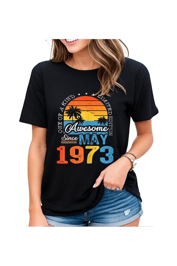 Womens Retro Tshirt 50 Years Old Awesome Since May 1973 Gifts 50th Birthday T-Shirt Casual Short Sleeve Tops Black 3X-Large