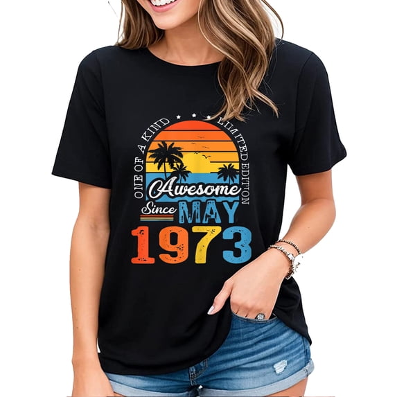 Womens Retro Tshirt 50 Years Old Awesome Since May 1973 Gifts 50th Birthday T-Shirt Casual Short Sleeve Tops Black X-Large