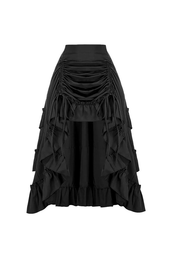 Womens Retro Victorian Midi Skirt High Waist Vintage Steampunk Elegant Flounce Ruched Skirts Black, S