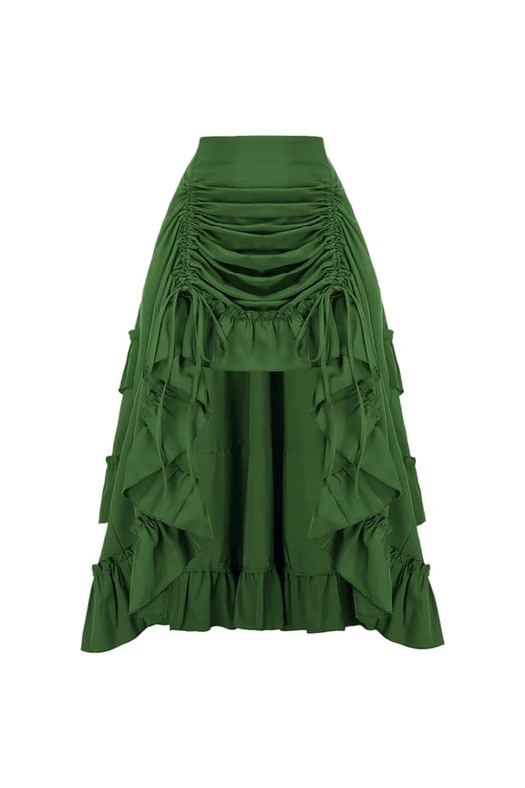 Womens Retro Victorian Midi Skirt High Waist Vintage Steampunk Elegant Flounce Ruched Skirts Green, S