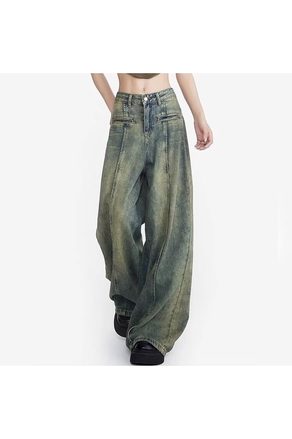 Womens Retro Yellow Mud Denim Jeans With A High Waist Straight Leg Wide Leg And Floor Length Pants Denim Boot Cut on Denim Denim Look Leggings Jag Cords Tall Woman Clothes plus Size on Pants Designer