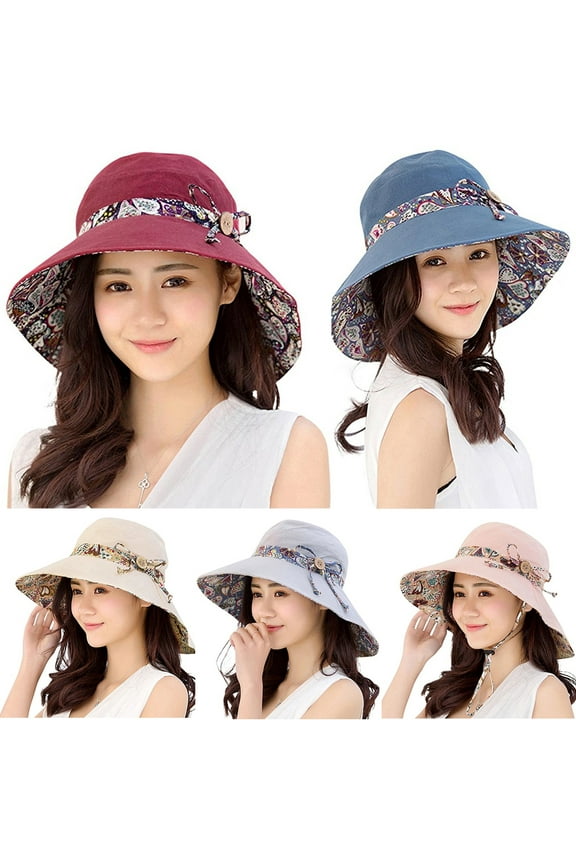 Womens Reversible Foldable Cotton Floppy Sun Hat, Summer UPF 50+ UV Protection Beach Hat Wide Brim Cap