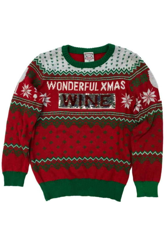 Womens Reversible Sequin Wonderful Xmas Wine Time Christmas Holiday Sweater Lg
