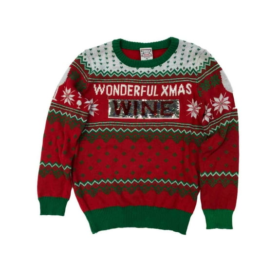 Womens Reversible Sequin Wonderful Xmas Wine Time Christmas Holiday Sweater XL