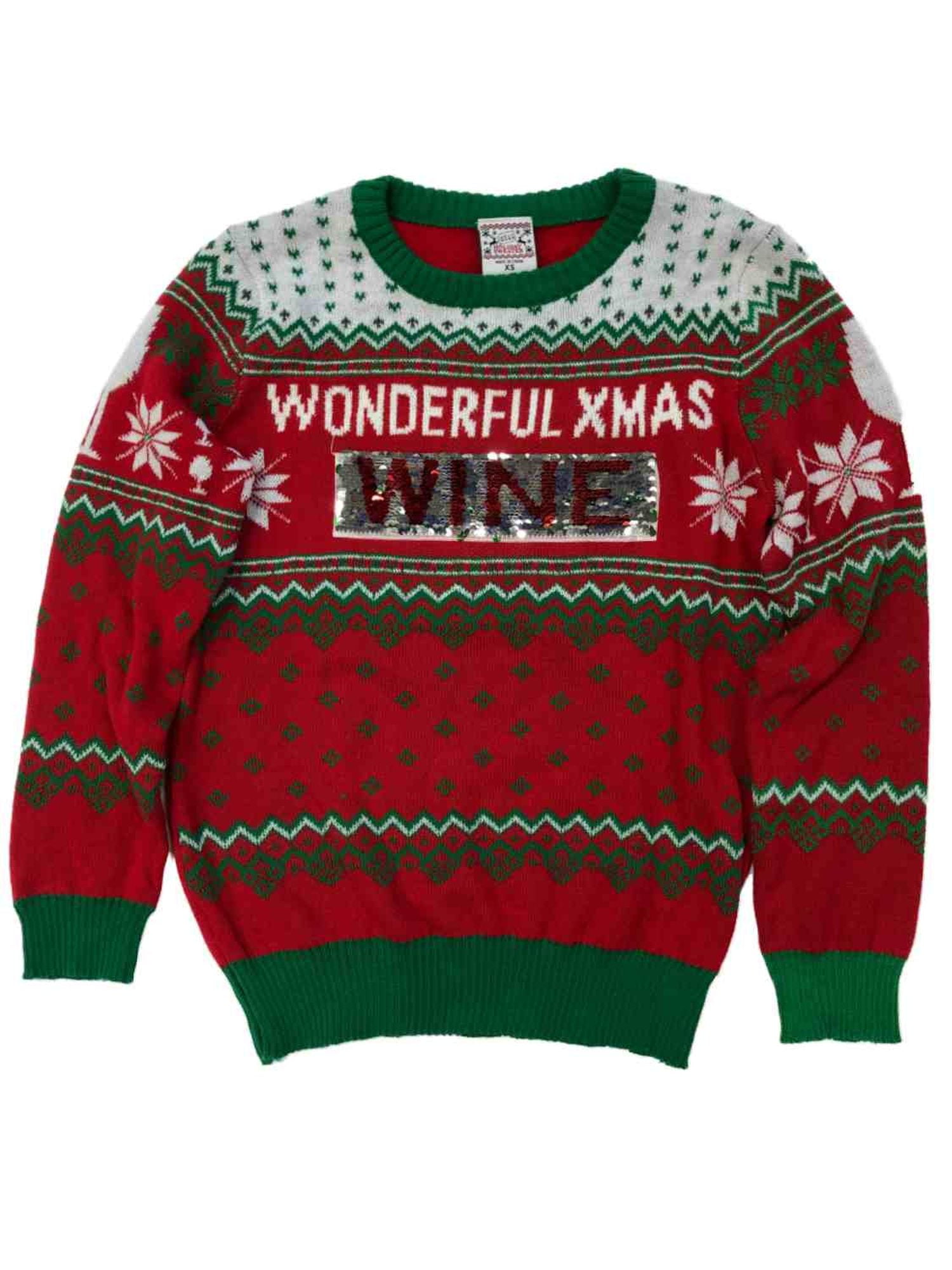 Womens Reversible Sequin Wonderful Xmas Wine Time Christmas Holiday Sweater XS