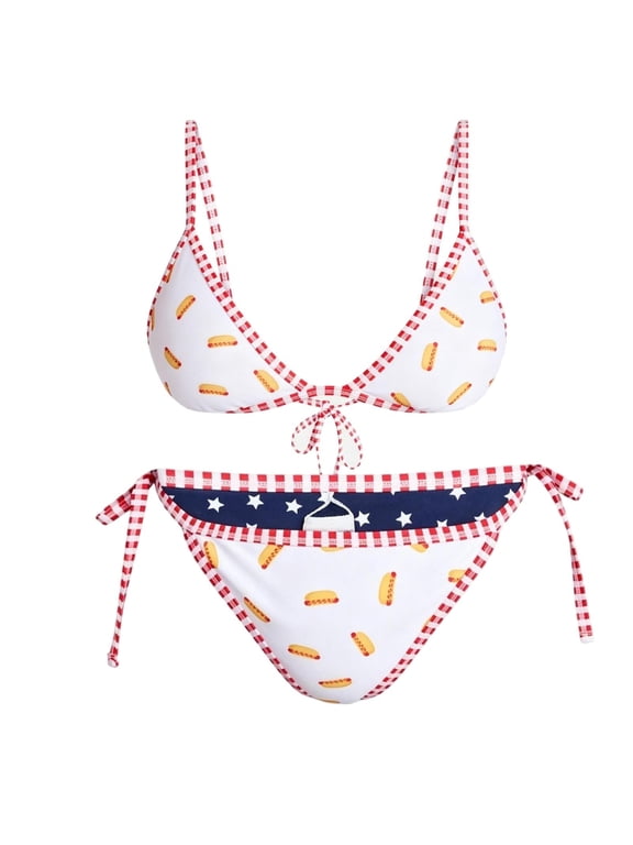 Womens Reversible Triangle Bikini Set Hot Dog Print polyester Summer Swimwear, White Size m