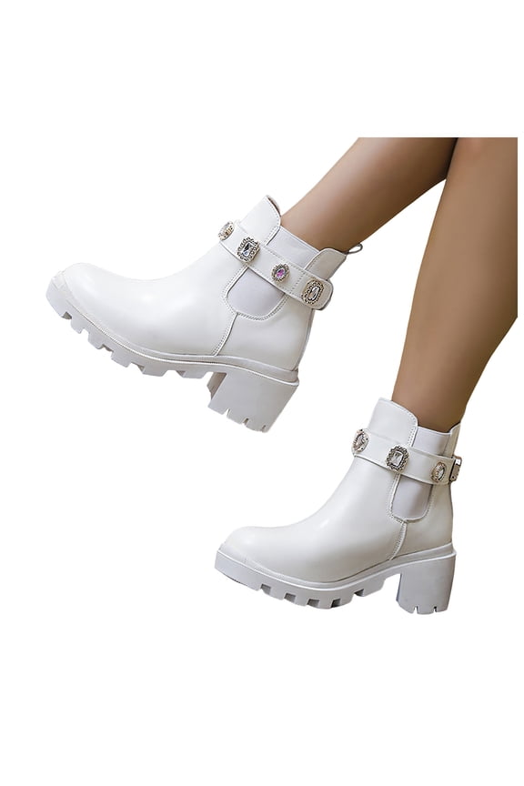 Womens Rhinestone Ankle Boots Slip On Chunky Heel Chelsea Booties Non Slip Platform Combat Boots