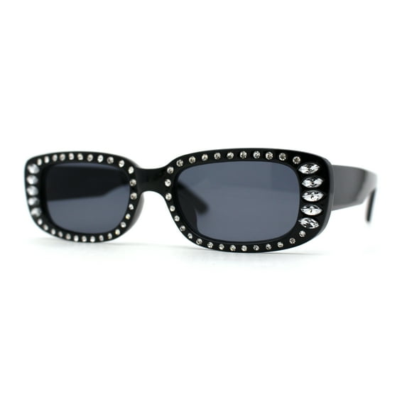 Womens Rhinestone Bejeweled Mod Rectangular Plastic Sunglasses All Black