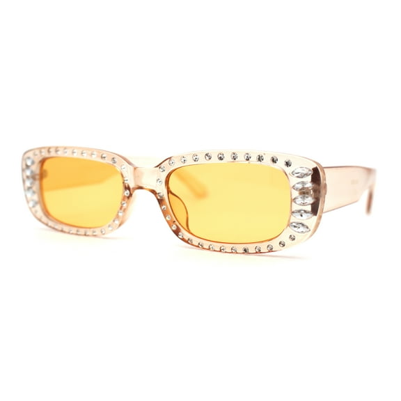Womens Rhinestone Bejeweled Mod Rectangular Plastic Sunglasses Beige Orange