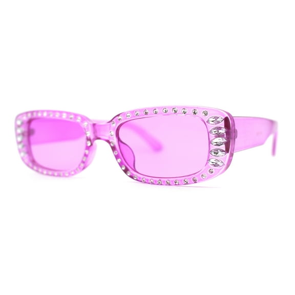 Womens Rhinestone Bejeweled Mod Rectangular Plastic Sunglasses Purple